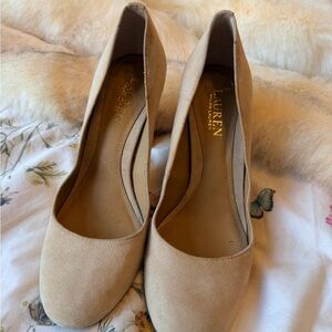 Ralph Lauren Women's Tan Suede Chunky Heel Round Toe Pumps 8.5
